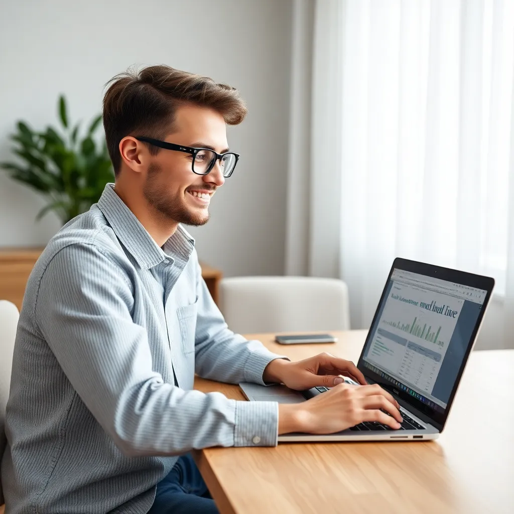 Spokojný študent pracujúci na Excel projekte na notebooku